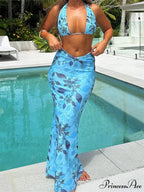 Flower Pattern Plunging Neckline Fitted Tank Tops Tall Waist Maxi Skirt Set