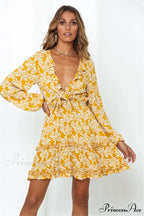 Flower Pattern Plunging Neckline Frills Long Sleeve Short Bohemian Dress