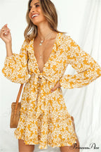 Flower Pattern Plunging Neckline Frills Long Sleeve Short Bohemian Dress