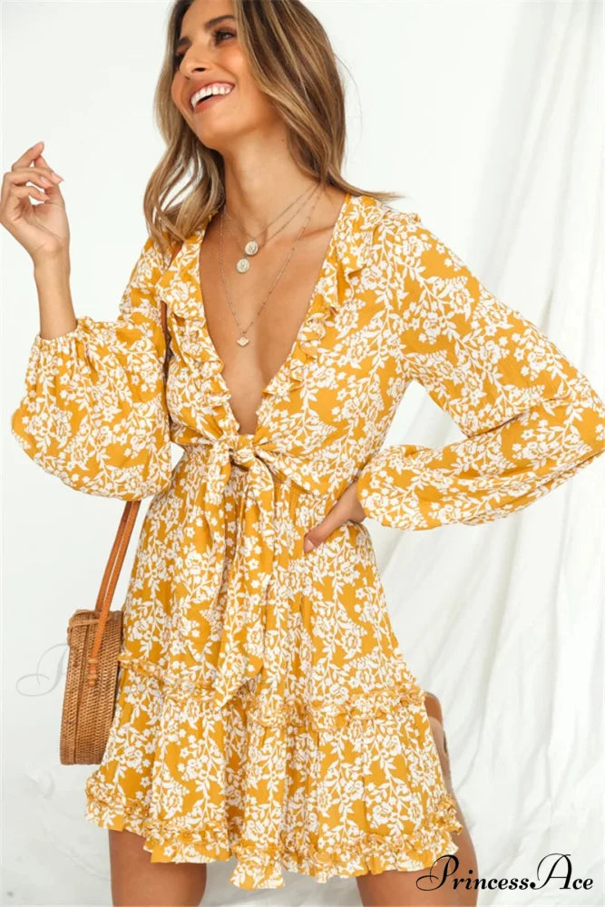 Flower Pattern Plunging Neckline Frills Long Sleeve Short Bohemian Dress