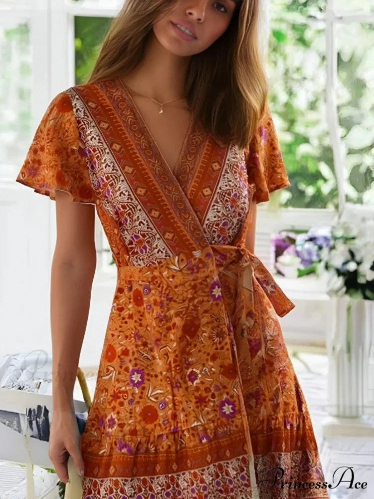 Flower Pattern Plunging Neckline Wrap Short Sleeve Mini Boho Dress