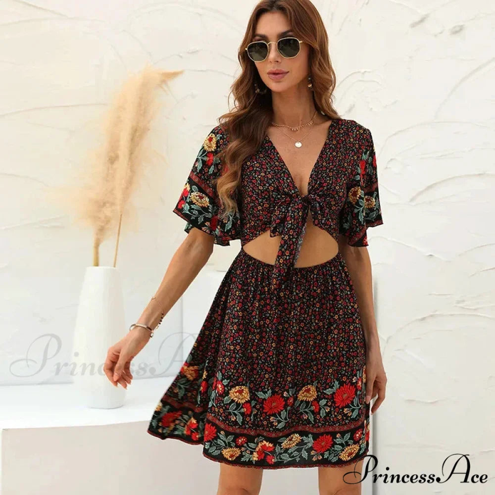 Flower Pattern Rayon Cotton Low-cut Hollow Out Mini Boho Dress