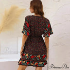 Flower Pattern Rayon Cotton Low-cut Hollow Out Mini Boho Dress