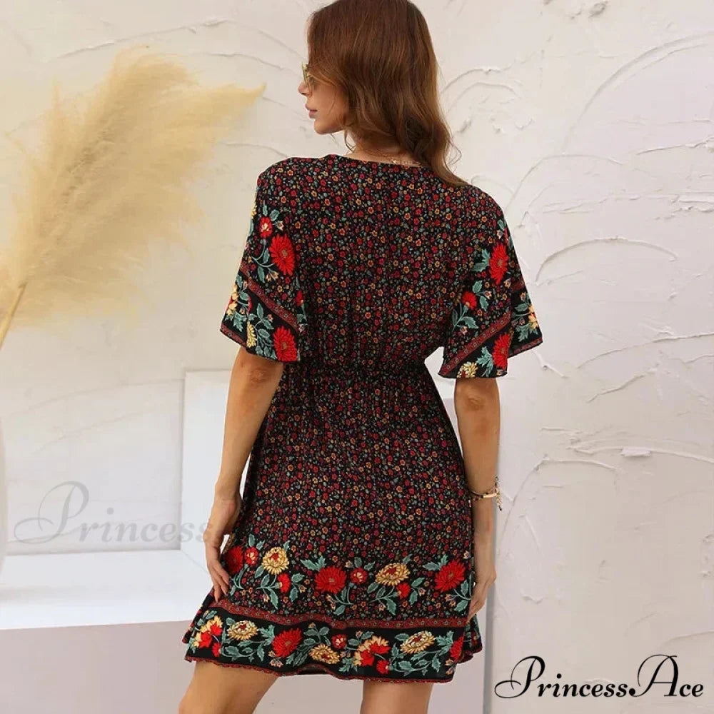 Flower Pattern Rayon Cotton Low-cut Hollow Out Mini Boho Dress