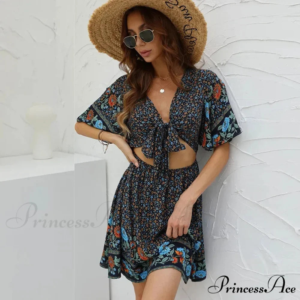 Flower Pattern Rayon Cotton Low-cut Hollow Out Mini Boho Dress