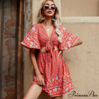 Flower Pattern Rayon Cotton Low-cut Hollow Out Mini Boho Dress