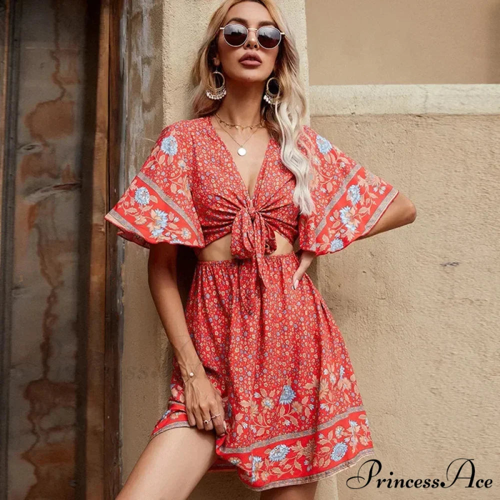 Flower Pattern Rayon Cotton Low-cut Hollow Out Mini Boho Dress