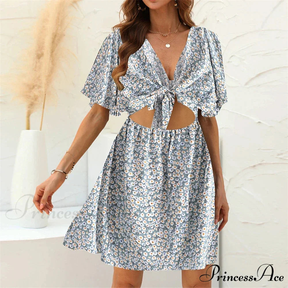 Flower Pattern Rayon Deep Bow Neck Short Sleeve Seductive Hollow Out Mini Boho Dress
