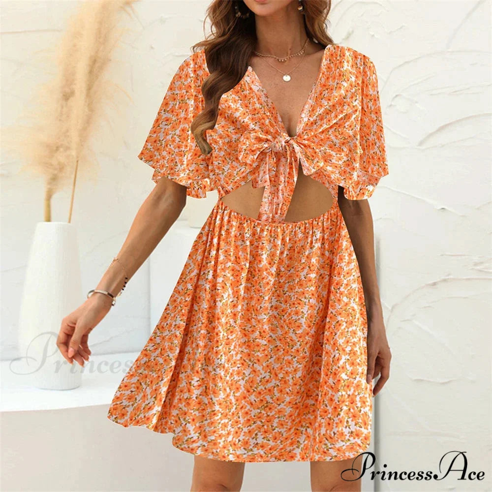 Flower Pattern Rayon Deep Bow Neck Short Sleeve Seductive Hollow Out Mini Boho Dress