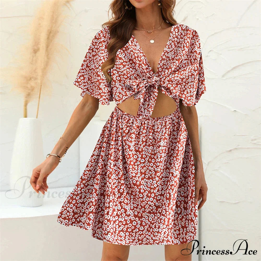 Flower Pattern Rayon Deep Bow Neck Short Sleeve Seductive Hollow Out Mini Boho Dress