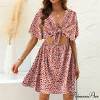 Flower Pattern Rayon Deep Bow Neck Short Sleeve Seductive Hollow Out Mini Boho Dress