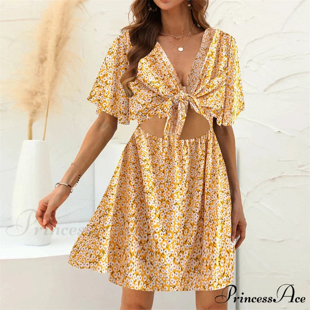 Flower Pattern Rayon Deep Bow Neck Short Sleeve Seductive Hollow Out Mini Boho Dress