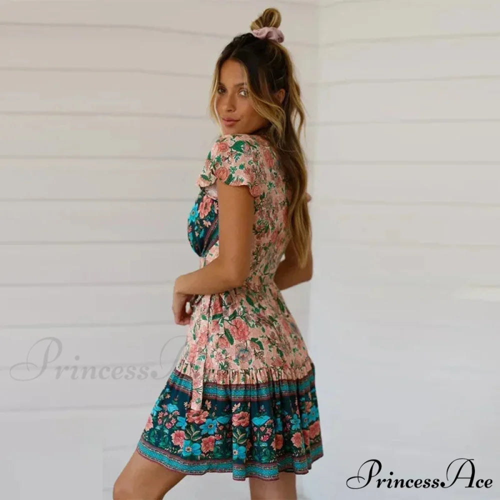 Flower Pattern Rayon Wrap Short Sleeve Seductive Holiday Mini Boho Dress