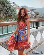 Flower Pattern Rayon Wrap Short Sleeve Seductive Holiday Mini Boho Dress