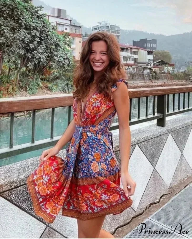 Flower Pattern Rayon Wrap Short Sleeve Seductive Holiday Mini Boho Dress