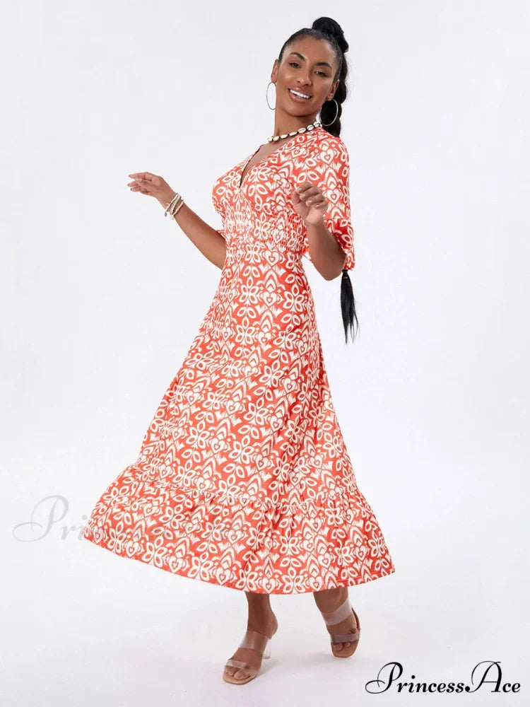 Flower Pattern Seaside Midi Informal Flare Sleeve A-Line Frilled Flower Dress