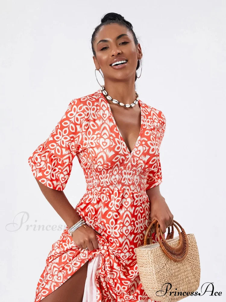 Flower Pattern Seaside Midi Informal Flare Sleeve A-Line Frilled Flower Dress