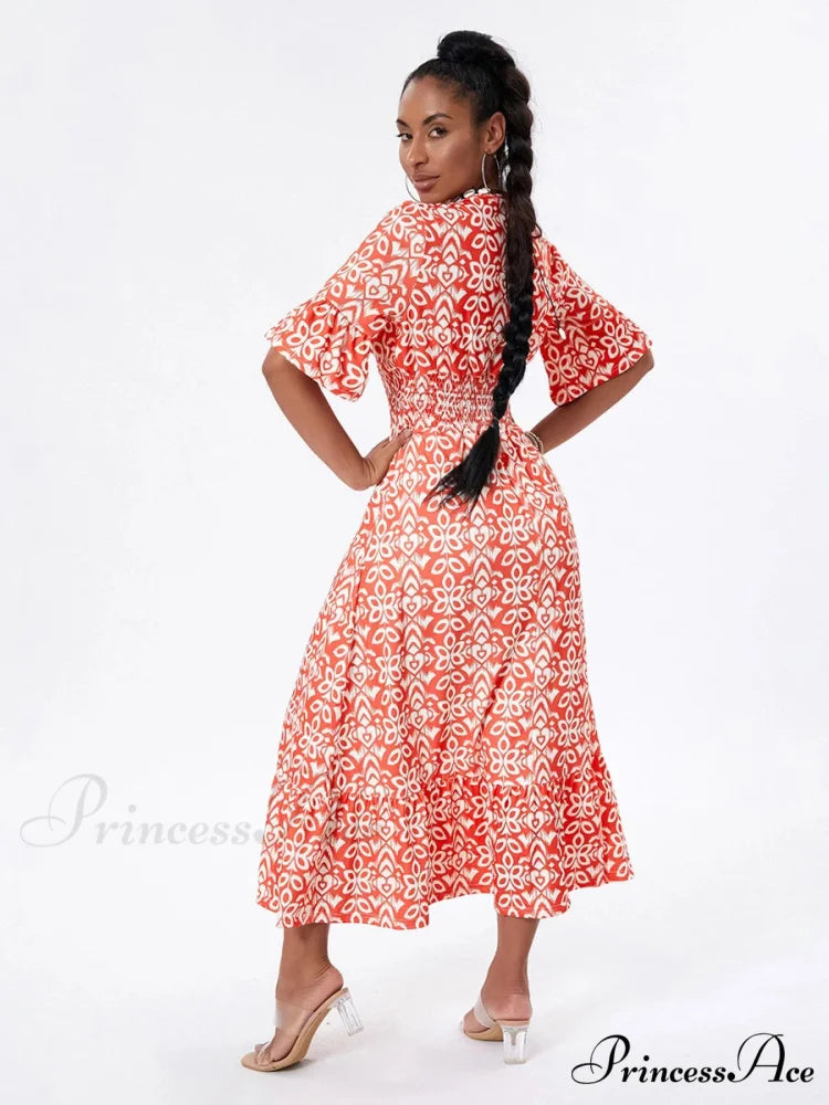 Flower Pattern Seaside Midi Informal Flare Sleeve A-Line Frilled Flower Dress
