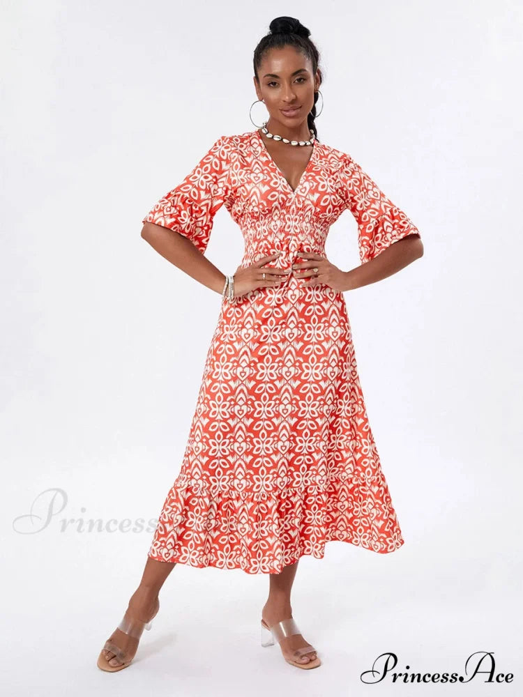 Flower Pattern Seaside Midi Informal Flare Sleeve A-Line Frilled Flower Dress