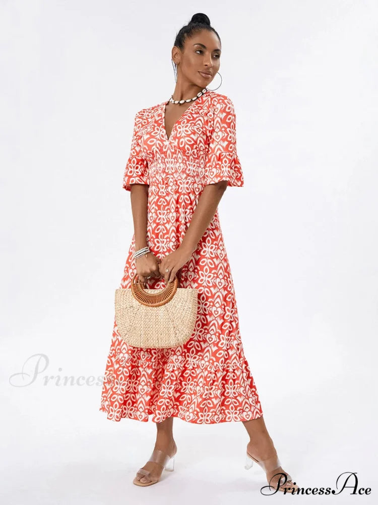 Flower Pattern Seaside Midi Informal Flare Sleeve A-Line Frilled Flower Dress