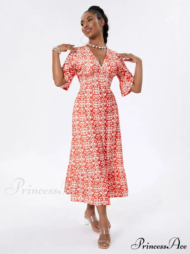 Flower Pattern Seaside Midi Informal Flare Sleeve A-Line Frilled Flower Dress