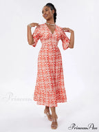 Flower Pattern Seaside Midi Informal Flare Sleeve A-Line Frilled Flower Dress