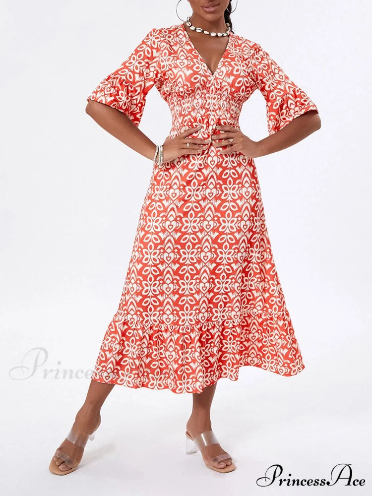 Flower Pattern Seaside Midi Informal Flare Sleeve A-Line Frilled Flower Dress
