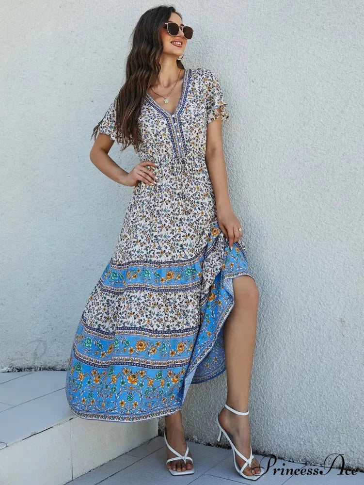 Flower Pattern Short Sleeve Button Loose Fringe V-neck Maxi Boho Dress
