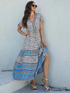 Flower Pattern Short Sleeve Button Loose Fringe V-neck Maxi Boho Dress