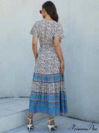 Flower Pattern Short Sleeve Button Loose Fringe V-neck Maxi Boho Dress