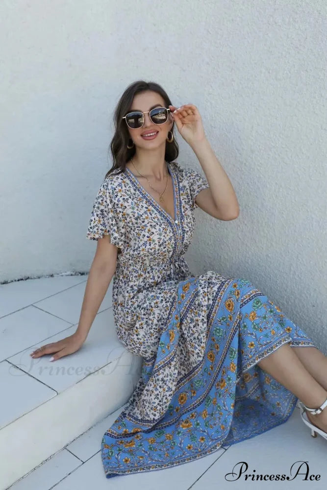 Flower Pattern Short Sleeve Button Loose Fringe V-neck Maxi Boho Dress
