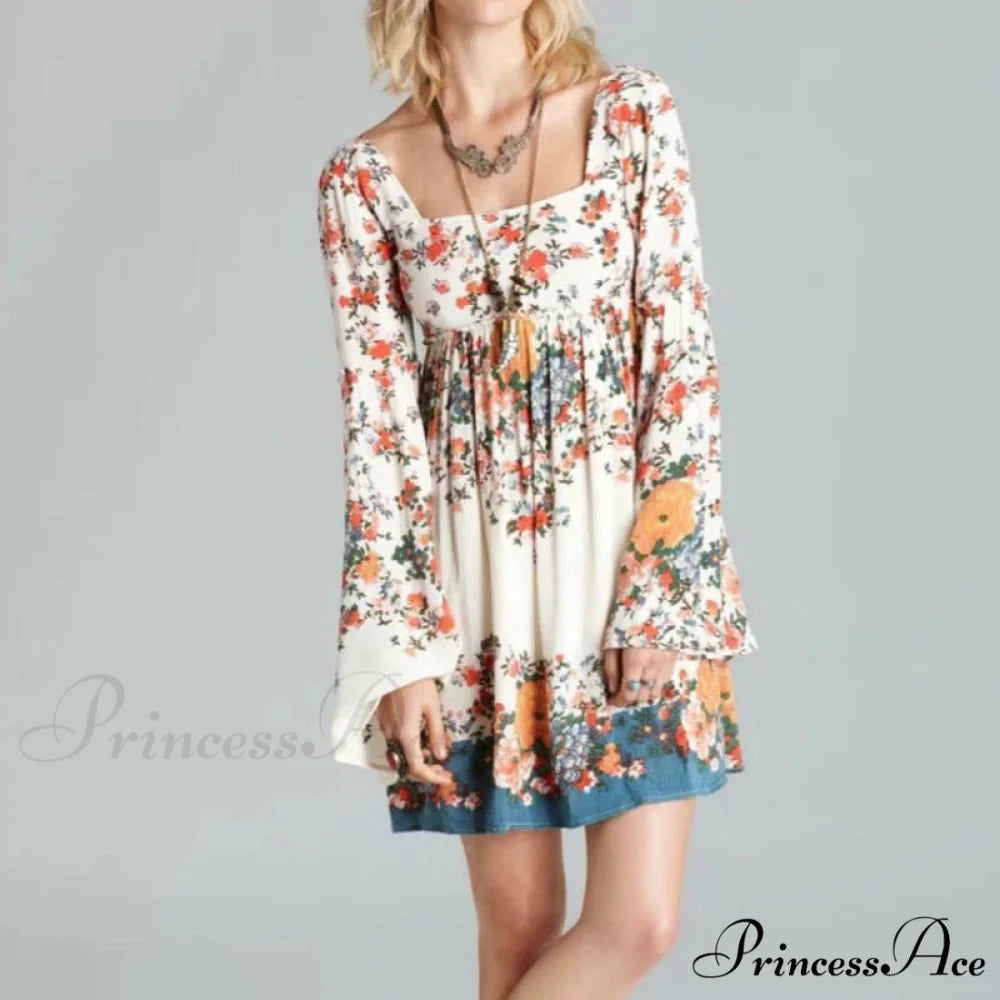 Flower Pattern Short Sleeve Frills Square Neckline Mini Boho Dress