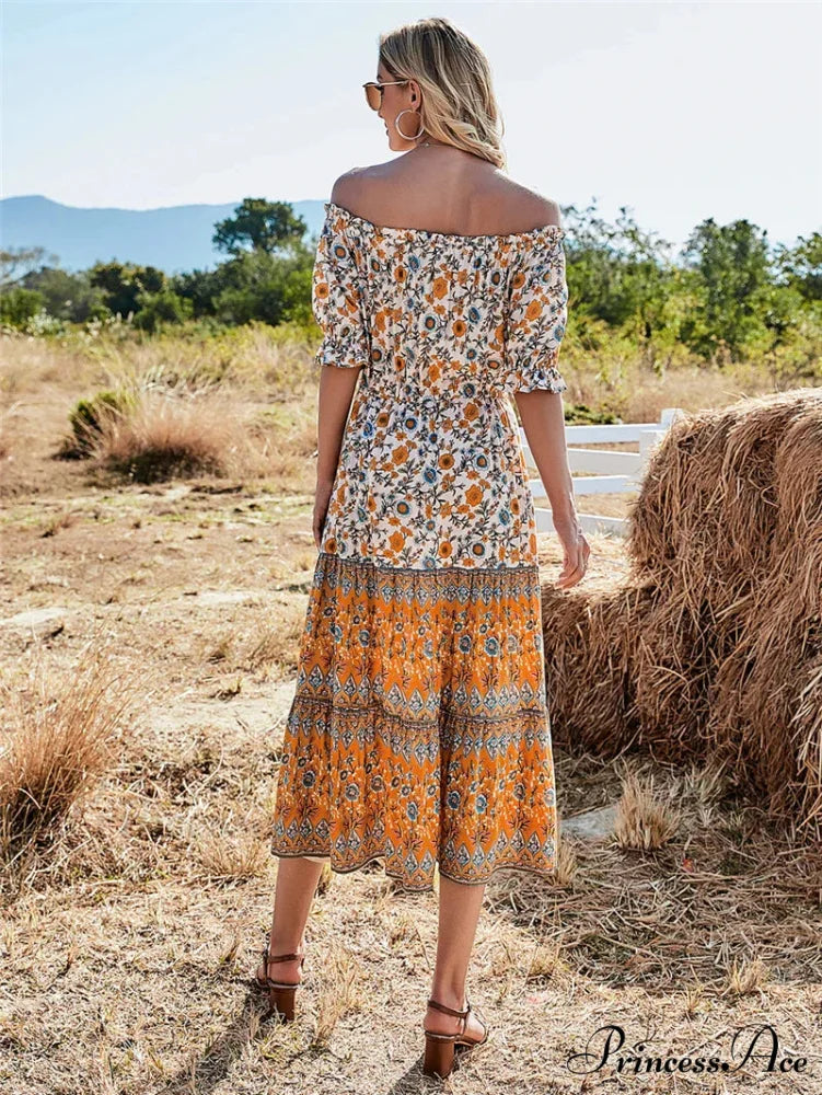Flower Pattern Short Sleeve Off Shoulder Long Boho Dress