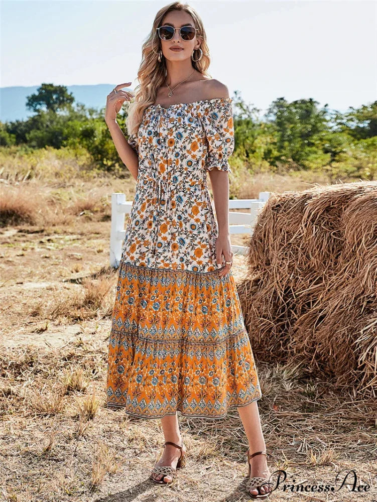 Flower Pattern Short Sleeve Off Shoulder Long Boho Dress