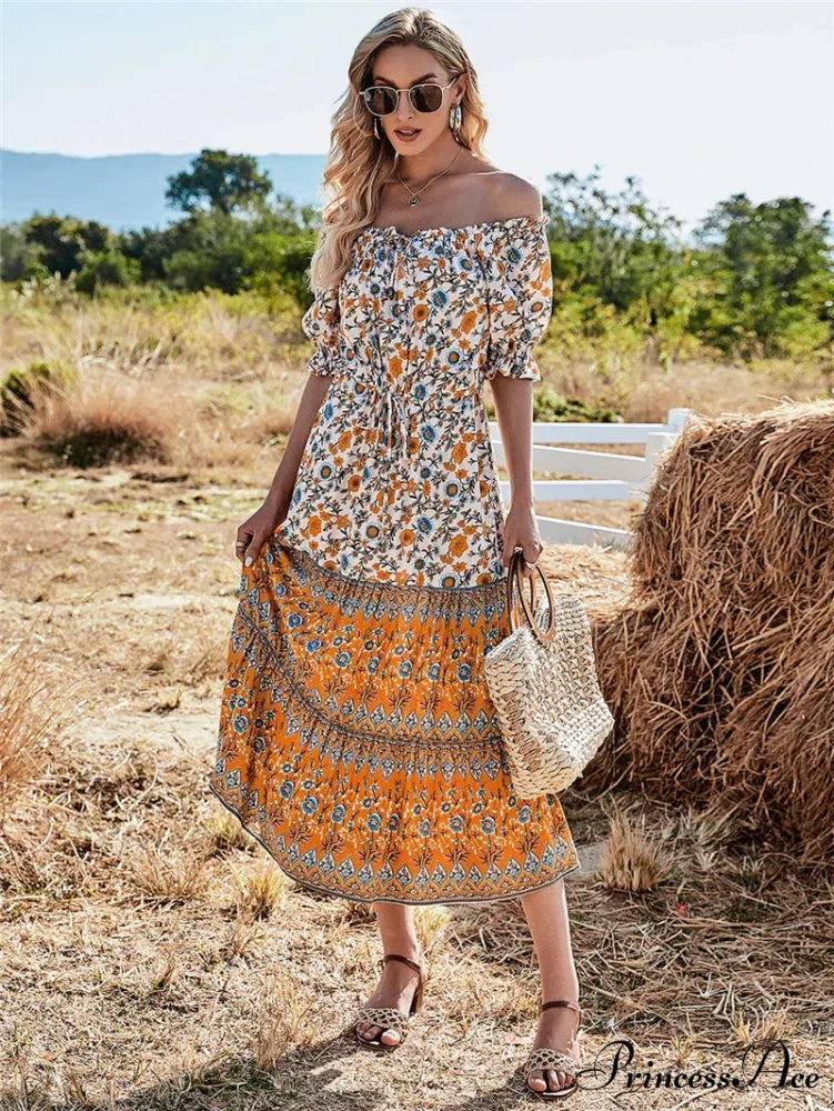 Flower Pattern Short Sleeve Off Shoulder Long Boho Dress