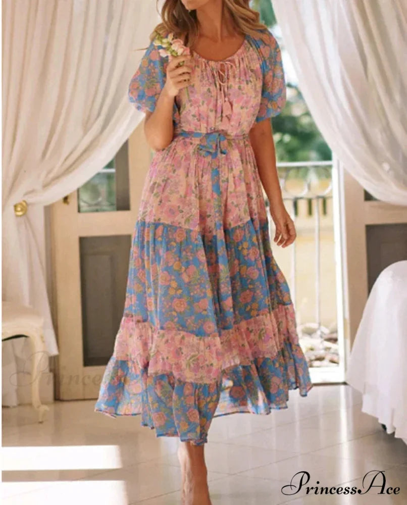 Flower Pattern Short Sleeve Round Neck Sashes Fringe Boho Dress