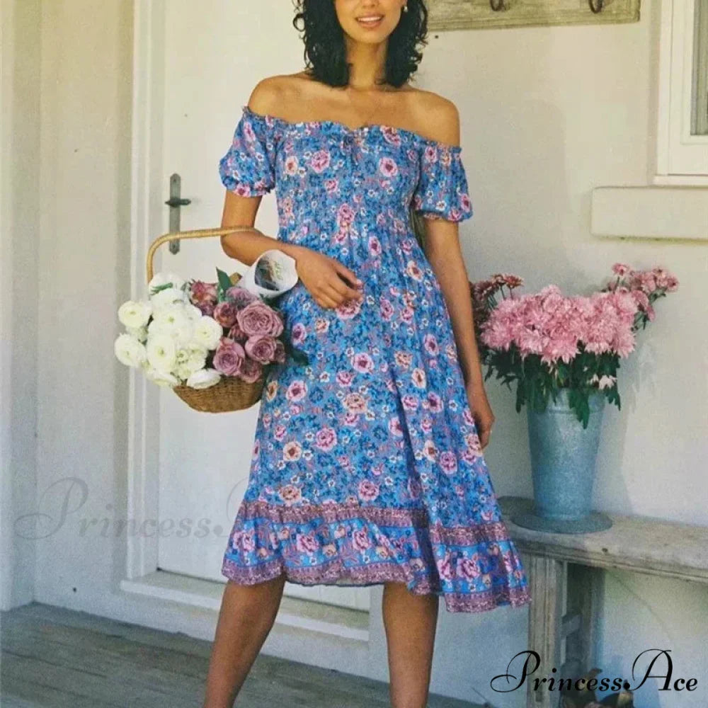 Flower Pattern Short Sleeve Seductive Off Shoulder Holiday Midi Boho Dress