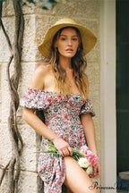 Flower Pattern Short Sleeve Seductive Off Shoulder Midi Boho Dress