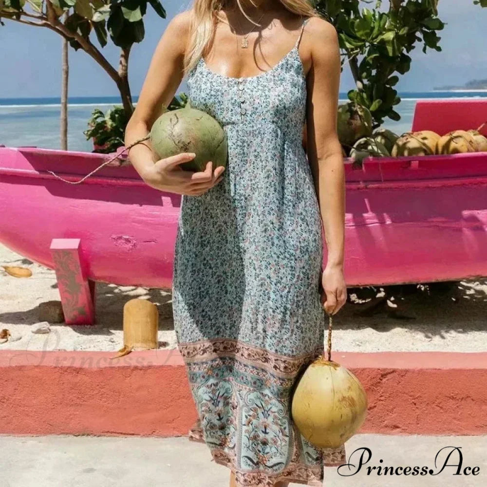 Flower Pattern Sleeveless Band Rayon Cotton Midi Boho Dress