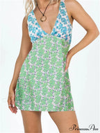 Flower Pattern Sleeveless Lace-up Back Short Seaside Flower Dress