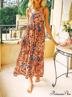 Flower Pattern Sleeveless Open-Back Rayon Holiday Maxi Bohemian Dress