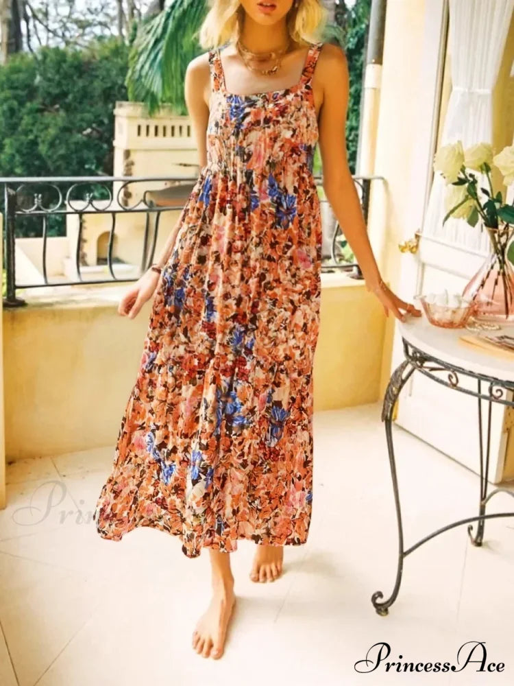 Flower Pattern Sleeveless Open-Back Rayon Holiday Maxi Bohemian Dress