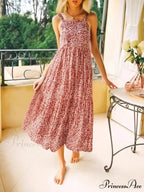 Flower Pattern Sleeveless Open-Back Rayon Holiday Maxi Bohemian Dress