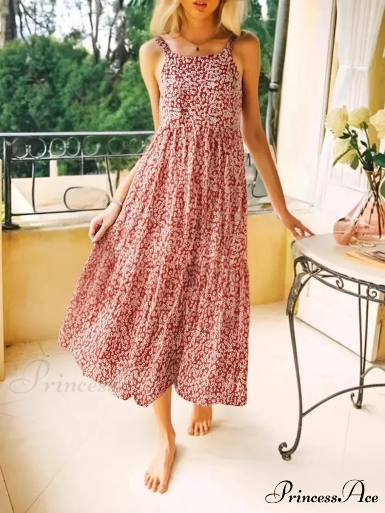 Flower Pattern Sleeveless Open-Back Rayon Holiday Maxi Bohemian Dress