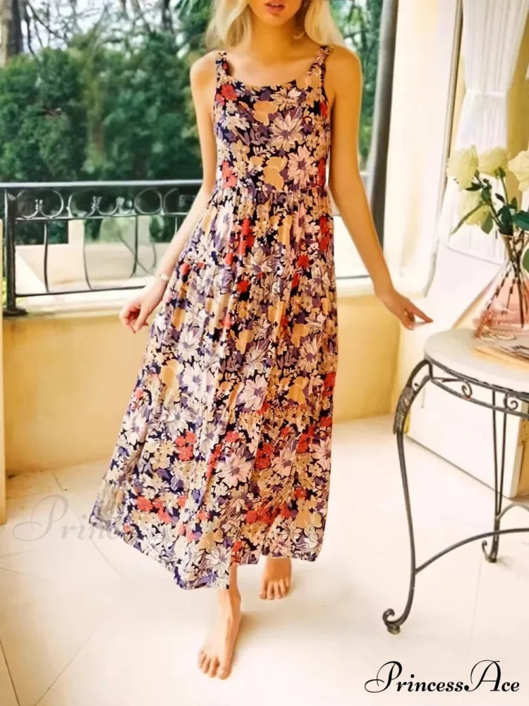 Flower Pattern Sleeveless Open-Back Rayon Holiday Maxi Bohemian Dress