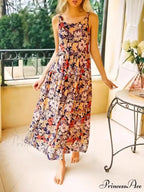 Flower Pattern Sleeveless Open-Back Rayon Holiday Maxi Bohemian Dress