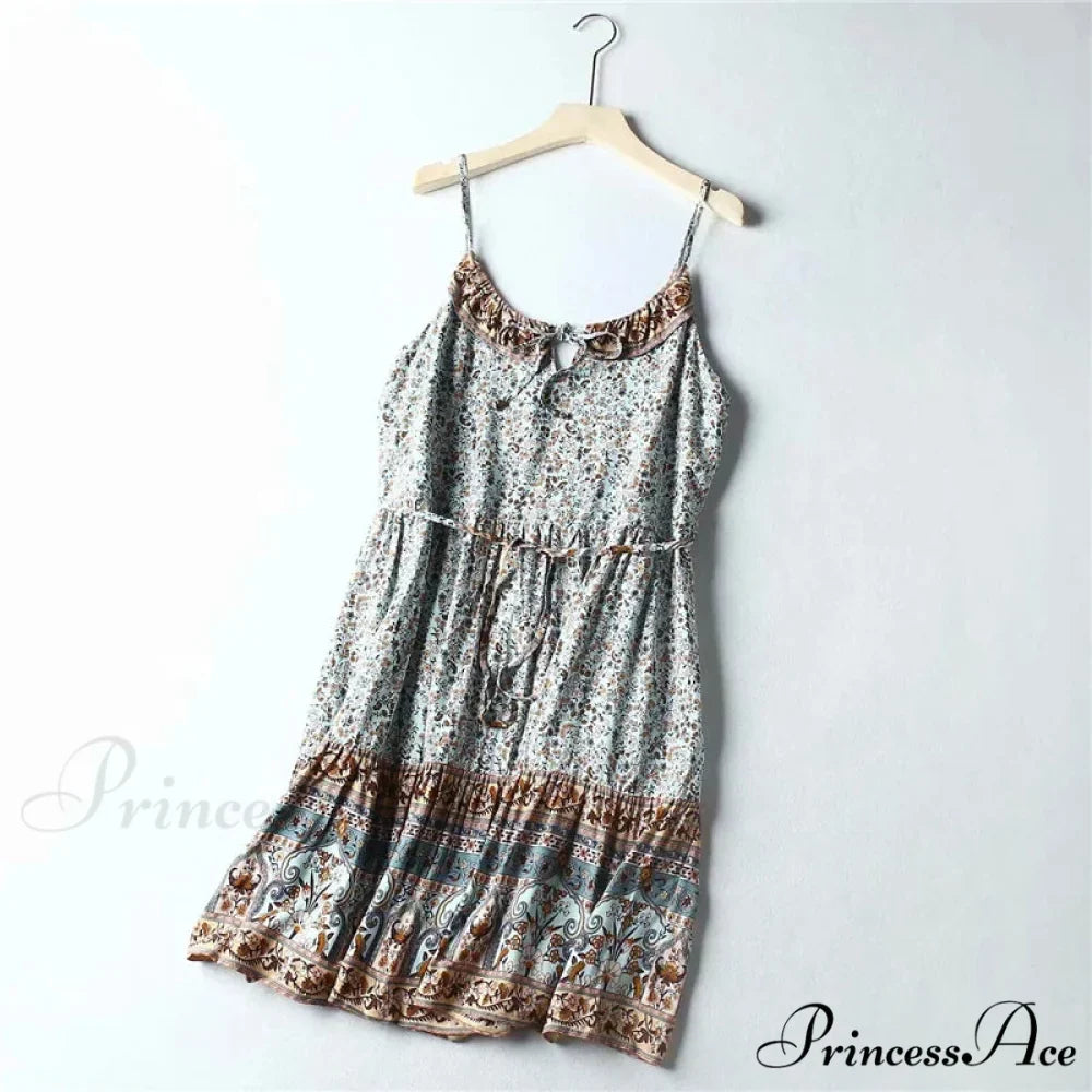 Flower Pattern Sleeveless Summery Rayon Mini Boho Dress