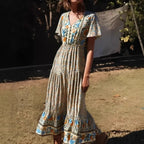 Flower Pattern Solitary Buttoned V-neck Short Sleeve Summertime Long Bohemian Dress