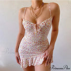 Flower Pattern Spaghetti Strap Deep V Lace-up Flounced Flower Dress