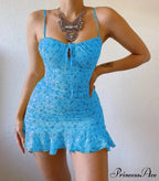 Flower Pattern Spaghetti Strap Deep V Lace-up Flounced Flower Dress